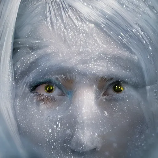 Image similar to futuristic female soldier eyes closed partly submerged in highly viscous clear fluid, frost particles, ice needles, cold blue light, complex hyperdetailed technical suit. white hair flowing. reflection. rays and dispersion of light. volumetric light. 5 0 mm, f / 3 2. noise film photo. ultra realistic, wide angle.