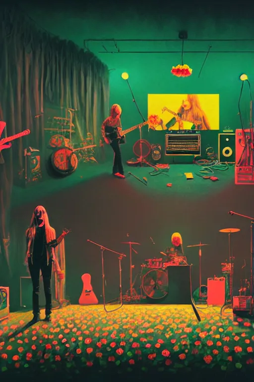 Prompt: the velvet underground and nico playing live on stage at a night club, beautiful stage decoration with flowers in the background, painting by simon stalenhag and wes anderson, very detailed and colorful and toned down and ornamental and moody and cool and relaxed and high on drugs, trending on artstation, behance contest winner