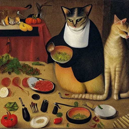 Prompt: the cat cooks soup, stirring a pot with a ladle and cutting vegetables, oil painting, drawn by Bosch