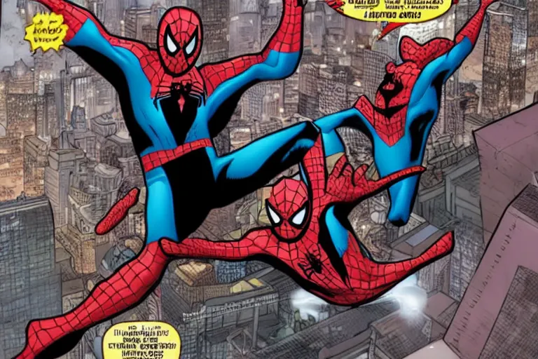 Image similar to spiderman multiverse variants battling for MJ