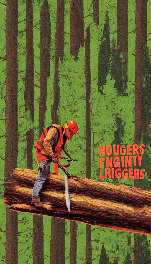 Image similar to movie poster of loggers, cutting douglas firs, highly detailed, hyper realistic, large text, bright colours