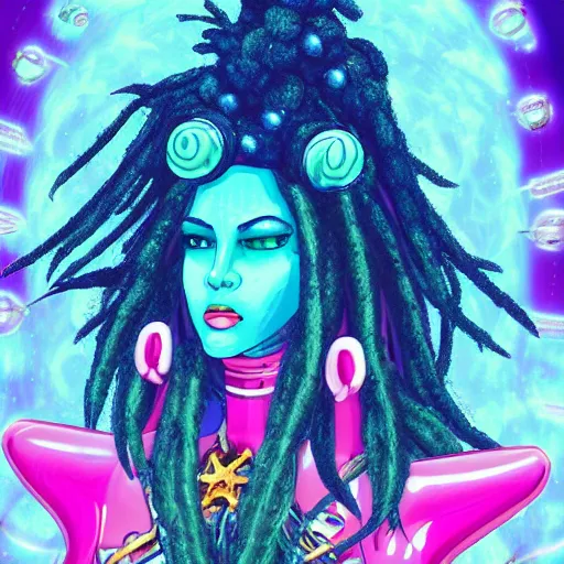 Image similar to princess intergalactica, nautical siren, queen of heaven, techno mystic goddess, with aqua neon dreadlocks, wearing haute couture, star - gate of futurisma,