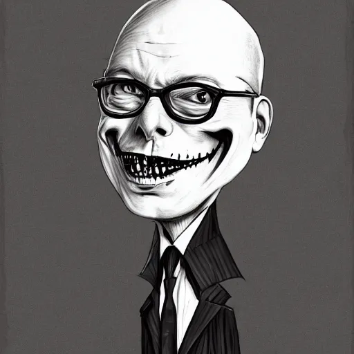 Image similar to grunge drawing of Klaus Schwab in the style of jack skellington and Jacob Shaw,creepy, surreal, trending on artstation, bold and vivid colour