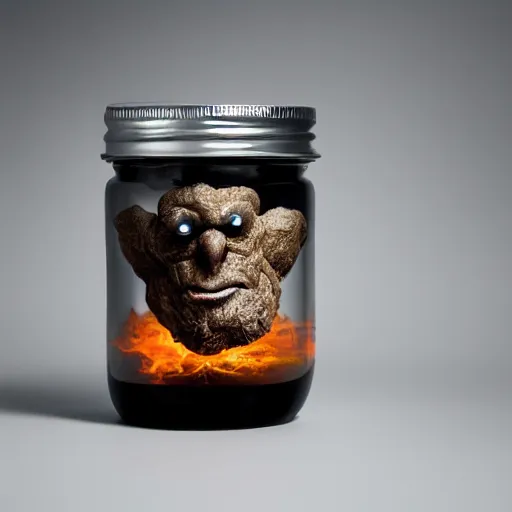 Image similar to Evil monster in a jar, product photography, centered, studio lightning