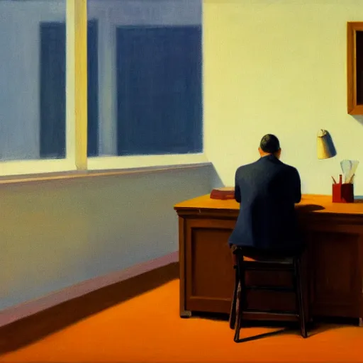 Image similar to painting of a lone man, sitting at his desk in an empty, huge office, in the style of edward hopper