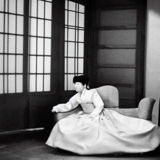 Prompt: a woman in a hanbok sitting on a couch, a starfish arm coming through the window, minimal cinematography by Akira Kurosawa, movie filmstill, 1950s film noir, thriller by Kim Jong-il and Shin Sang-ok, monster movie, tri-x 3200