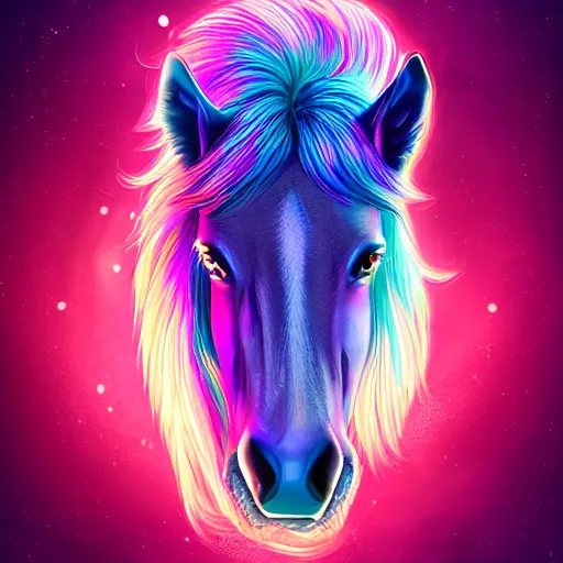 Prompt: digital horse, retrowave palette, highly detailed, anatomically correct equine, synth feel, smooth face, ear floof, flowing mane, no reins, detailed snout, super realism, accurate animal imagery, 4 k digital art