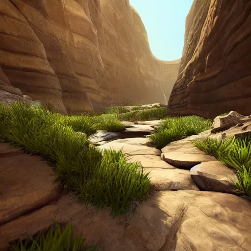 Image similar to pathway canyon in between mountains, unreal engine, high detail, realism, award winning, detailed lighting