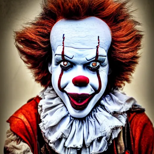 Prompt: Homeless portrait of Pennywise in scrappy clothing, HD, award winning photograph