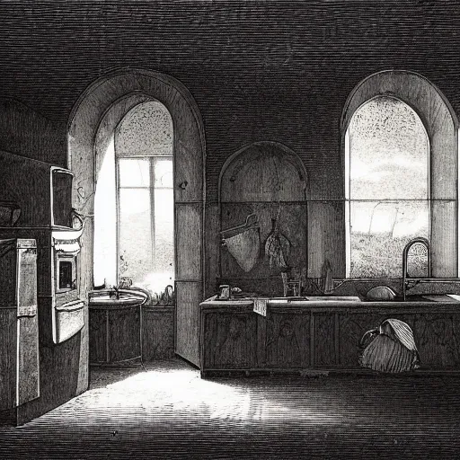 Prompt: kitchen of an abandonded house, illustration by Gustav Doré, Chiaroscuro, dramatic light