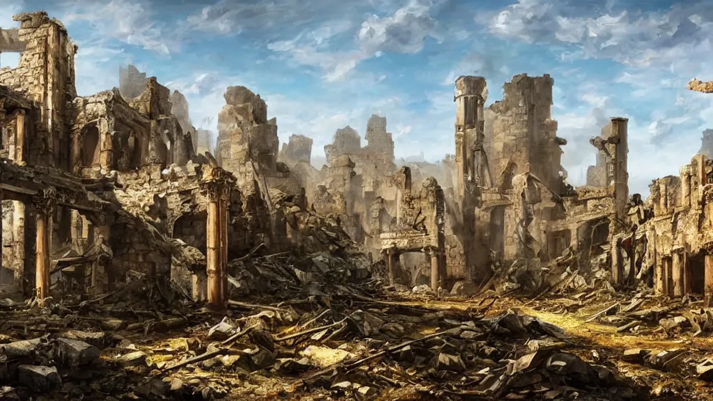 Image similar to High-Quality realist painting of the ruins of a medieval city after a war, ominous, very detailed, digital art.