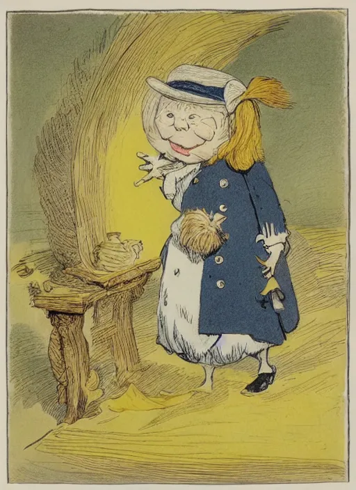 Prompt: candid portrait of a yellow caricature of a moon smiling, illustrated by peggy fortnum and beatrix potter and sir john tenniel