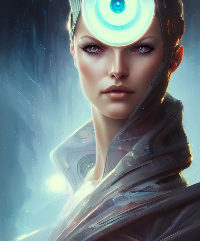 Image similar to futuristic woman portrait, sci-fi, amber eyes, face, long hair, fantasy, intricate, elegant, highly detailed, digital painting, artstation, concept art, smooth, sharp focus, illustration, art by artgerm and greg rutkowski and alphonse mucha