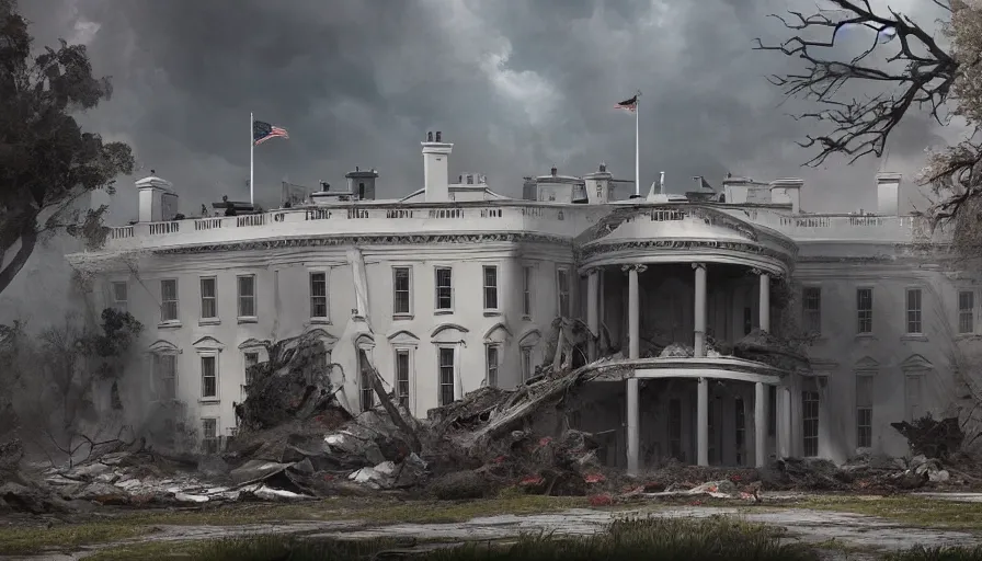 Prompt: Destroyed abandoned White House, game art matte painting, hyperdetailed, artstation, cgsociety, 8k