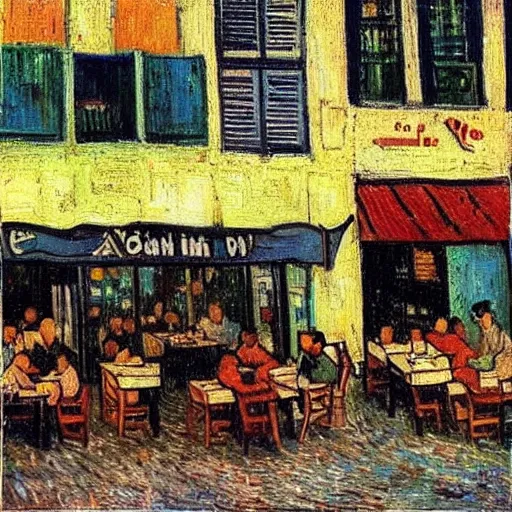 Prompt: “a sunlit cafe in Tel Aviv, busy, happy, in the style of Vincent Van Gogh”