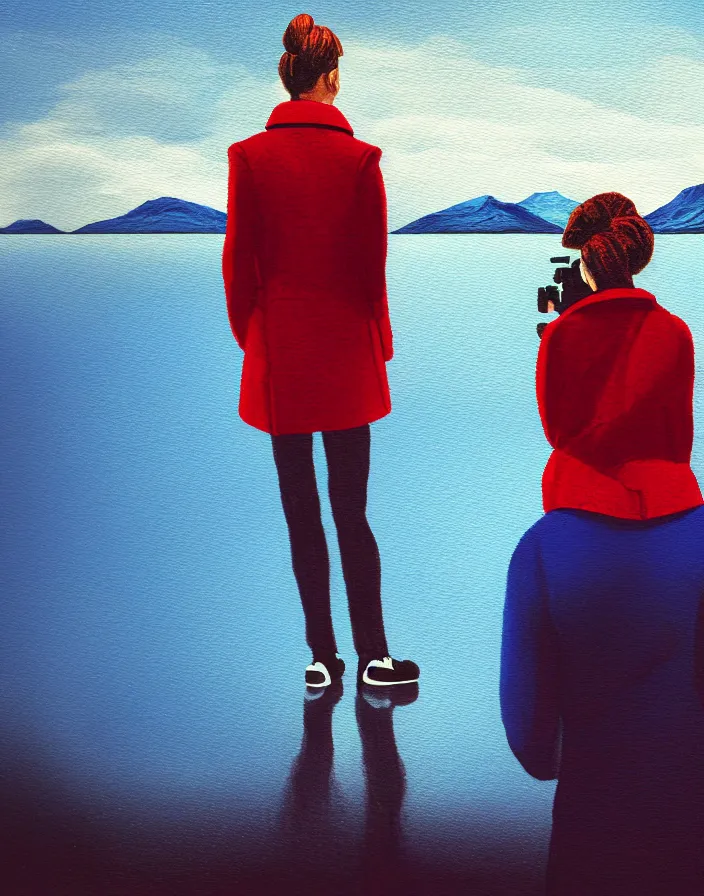 Image similar to wide shot rear view photographer woman hair in a bun long red stripe coat backpack sneakers grasping a nikon camera in hand while looking out over a placid blue lake, a character design painting, in the style of wes anderson, lola dupre, david hockney, isolated on negative white space background dark monochrome fluorescent spraypaint accents volumetric octane render, no double figure