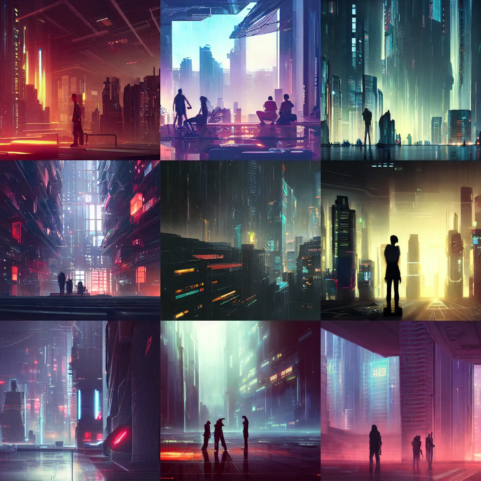 Prompt: some people and some buildings and lights in a room, cyberpunk art by James Paick, cgsociety contest winner, computer art, dystopian art, sci-fi, glitch art