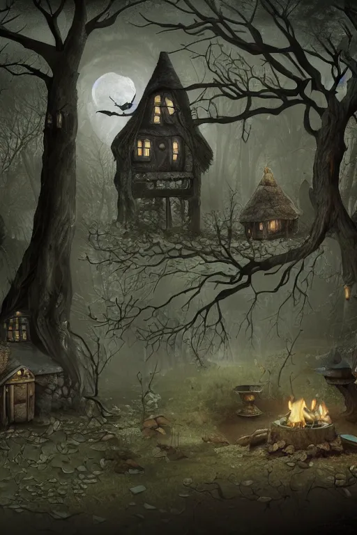 Image similar to a witch's cottage in a moonlit forest, with several broken statues, gnarled trees, a smoking firepit, HD, 4k, 8k, incredibly detailed, intricate, ominous, masterpiece, digital illustration, trending on artstation