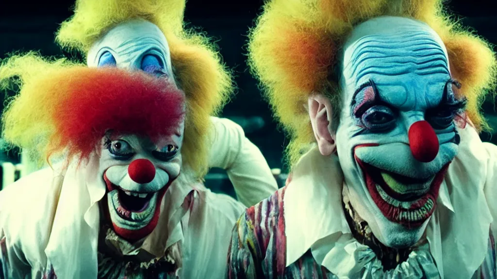 Image similar to the clown creature helps at the fair, film still from the movie directed by denis villeneuve and david cronenberg with art direction by salvador dali and dr. seuss