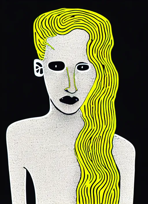 Image similar to highly detailed closeup portrait of wasteland long glowing yellow and white plasma hair tribal lady, stray electric spark wiring by jean jullien, 4 k resolution, gradient yellow, black and white color scheme!!! ( ( dystopian city background ) )