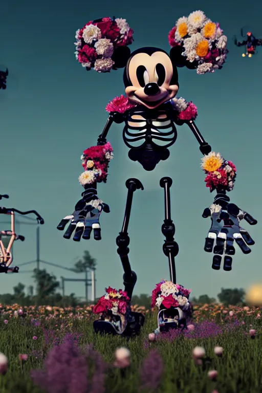 Image similar to a skeletal, mickey mouse made out of flowers and bones, walking with a robot, in the cyberpunk countryside, drones flying by beeple, nychos and arcimboldo, cinematic lighting, highly detailed octane render