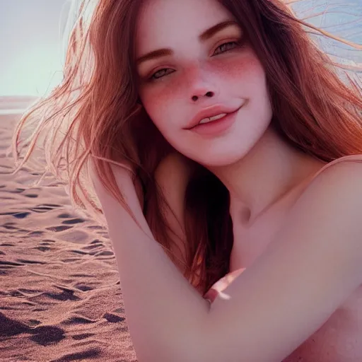 Image similar to beautiful serene intricate portrait of a cute thin young woman, red blush, cute freckles, smug smile, modern clothes, relaxing on the beach, golden hour, close up shot, soft focus, 8 k, art by irakli nadar, hyperrealism, hyperdetailed, ultra realistic