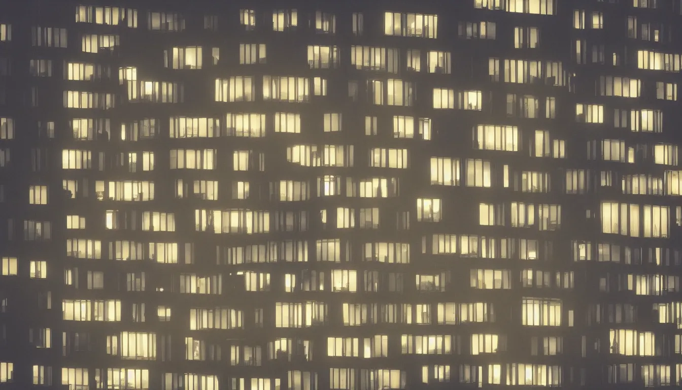 Image similar to Spying into the windows of a small tower block from outside , observing the private lives of the human inhabitants, volumetric lighting shines through the misty nighttime sky , full colour