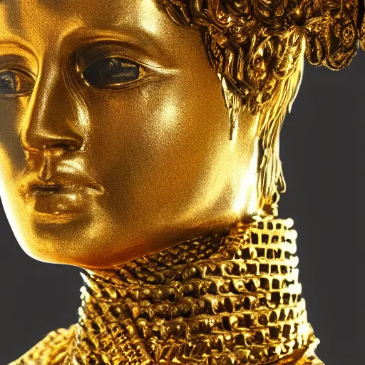 Image similar to epic deatailed golden statue of the King, surrounded by intricate gold lace metalwork on a black smokey background, close up face, modern art, trending on Artstation