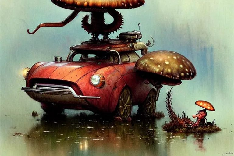 Image similar to adventurer ( ( ( ( ( 1 9 5 0 s retro future robot mouse amphibious vehical home. muted colors. swamp mushrooms ) ) ) ) ) by jean baptiste monge!!!!!!!!!!!!!!!!!!!!!!!!! chrome red