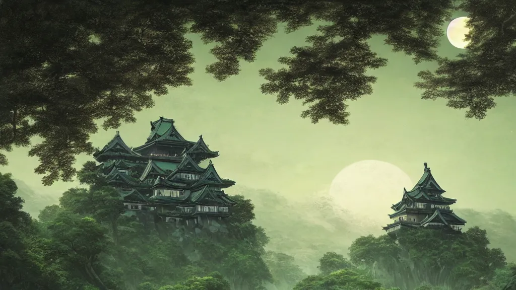 Prompt: beautiful green japanese castle in front of mountainous background with just a few trees, dark sky full moon, whimsical surrealism, 8 k, subsurface scattering, intricate geometry, fantastical setting, otherwordly, by greg rutkowski