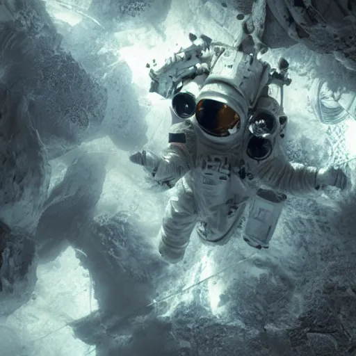 Image similar to concept art by craig mullins astronaut in futuristic dark and empty spaceship underwater. infrared complex and hyperdetailed technical suit. mandelbulb fractal. reflection and dispersion materials. rays and dispersion of light. volumetric light. 5 0 mm, f / 3 2. noise film photo. flash photography. interstellar movie art