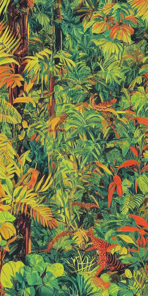 Prompt: poster of a colorful jungle landscape, (retro poster) by Reginald Montague Lander, By Tom Purvis, By Joseph Binder