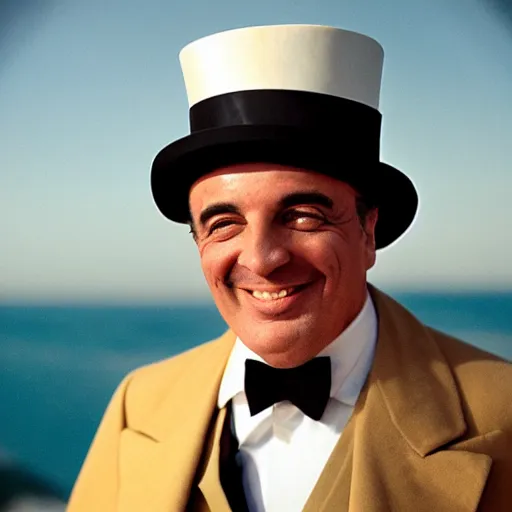 Image similar to the godfather wears a top hat and smiles. 5 0 mm, cinematic, technicolor. sea and beach and a man in the background.