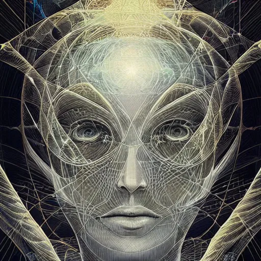 Image similar to beautiful portrait of intelligence of science, spatial space deformation in latent space, math art, astral plane, by artgerm and dan mumford and gustave dore