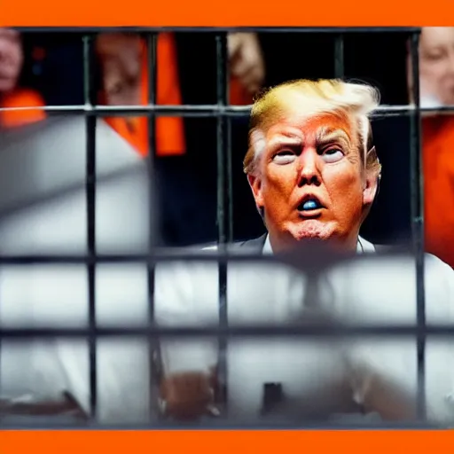 Image similar to donald trump wearing orange prison jumpsuit, locked behind bars, crying and whining.
