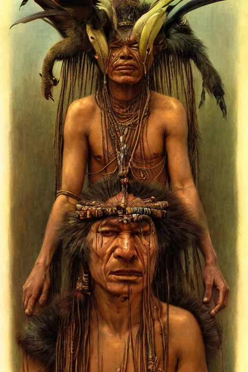 Prompt: a portrait of yanomami by wayne barlowe, gustav moreau, goward,  Gaston Bussiere and roberto ferri, santiago caruso, and austin osmanh spare, ((((occult art))))