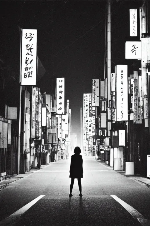 Prompt: a woman standing in the middle of a tokyo street at night, in the style of the dutch masters and Gregory Crewdson