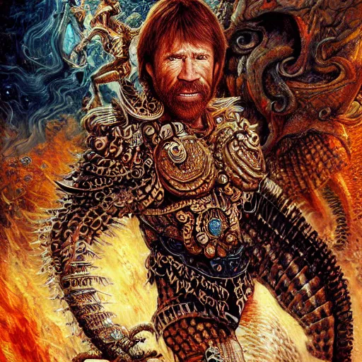 Image similar to uhd photorealistic detailed image of chuck norris wearing extremely intricate warrior costume, fighting lovecraftian cthulhu by ayami kojima amano karol bak tonalism