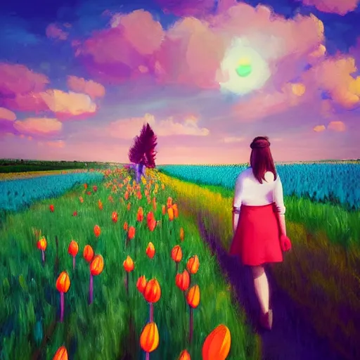 Image similar to girl with a giant tulip head, surreal photography, flower field, sunset dramatic light, impressionist painting, colorful clouds, blue sky, digital painting, artstation, simon stalenhag