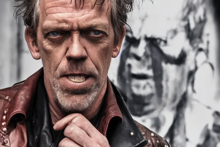 Image similar to promotional image of hugh laurie as a british punk rocker in a new movie, leather clothes, heavy makeup, detailed face, movie still frame, promotional image, imax 70 mm footage