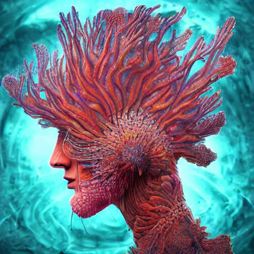 Image similar to Face of a Alien Deity, centered, corals, plume made of geometry, extremly detailed digital painting, sharp focus in the style of android jones, artwork of a futuristic artificial intelligence superstar with frames made of detailed circuits, mystical colors, rim light, beautiful lighting, 8k, stunning scene, raytracing, octane, under water visual distortion, dark tones colors, holographic feeling, trending on artstation