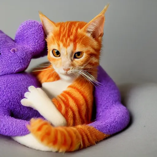 Image similar to tiny adorable purple dragon cuddles an orange tabby cat, realistic, orange tabby cuddles purple dragon, award-winning photography