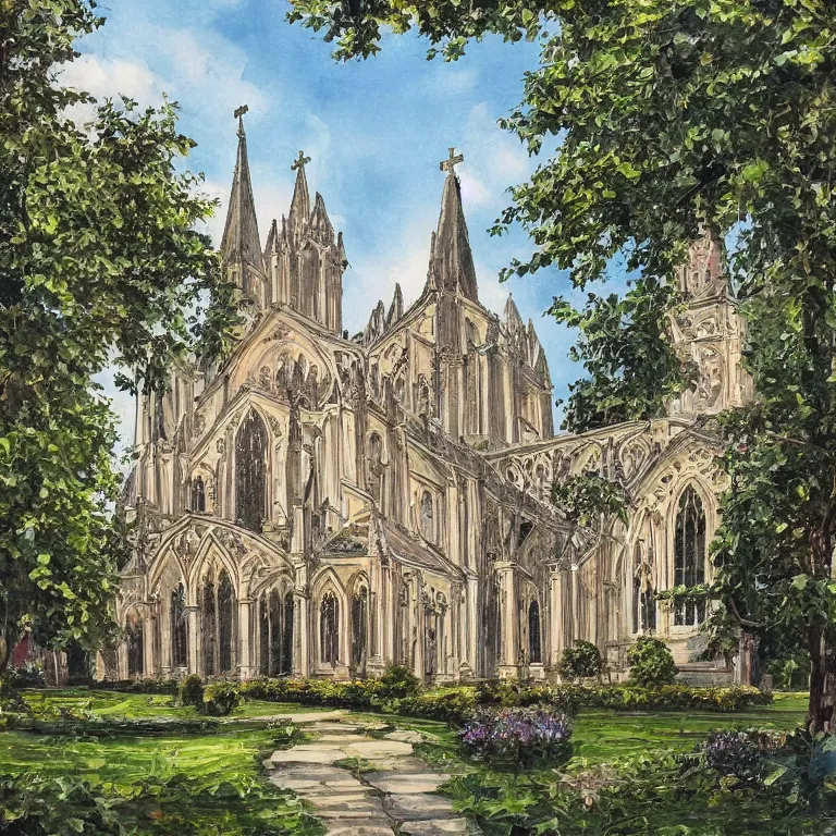 Prompt: a beautiful painting of a beautiful church with beautiful architecture and various architectural inserts architectural heritage with a beautiful delightful garden, highly detailed