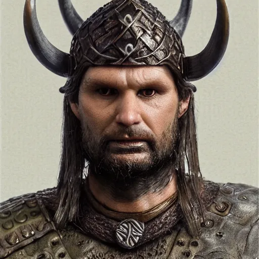 Image similar to of a viking from valhalla, wearing the horned helmet ultra fine detail, hair strands, ultra high resolution, fine texture detail, miniature painting techniques, perfect proportions, marvel cinematic universe, eric bana