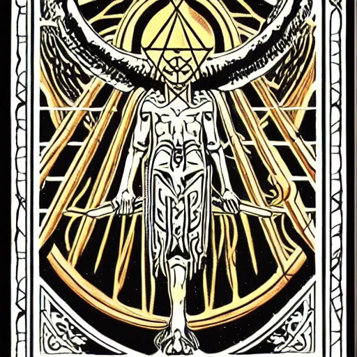 Prompt: occult ancient asymmetric tarot sacred geometry demon angel