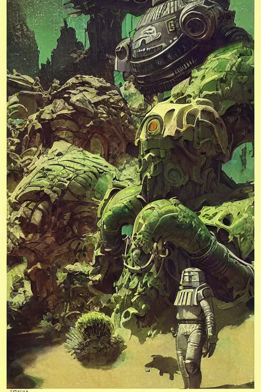 Image similar to pulp scifi fantasy illustration full body portrait of robby the robot on forbidden plant, monster from the id in the background, by norman rockwell, jack kirby, bergey, craig mullins, ruan jia, jeremy mann, tom lovell, 5 0 s, astounding stories, fantasy