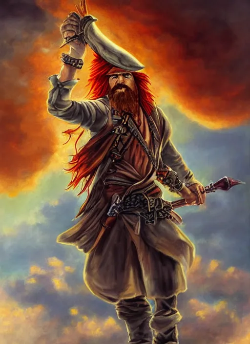 Prompt: epic fantasy portrait painting of a long haired, red headed male sky - pirate in front of an airship in the style of the simpsons