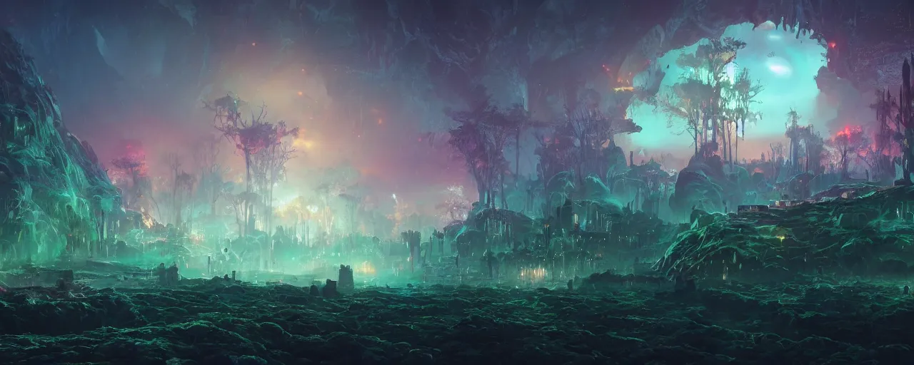 Image similar to ” otherwordly landscape at night, [ bioluminescense, cinematic, detailed, epic, widescreen, opening, establishing, mattepainting, photorealistic, realistic textures, octane render, art by slop and paul lehr ] ”