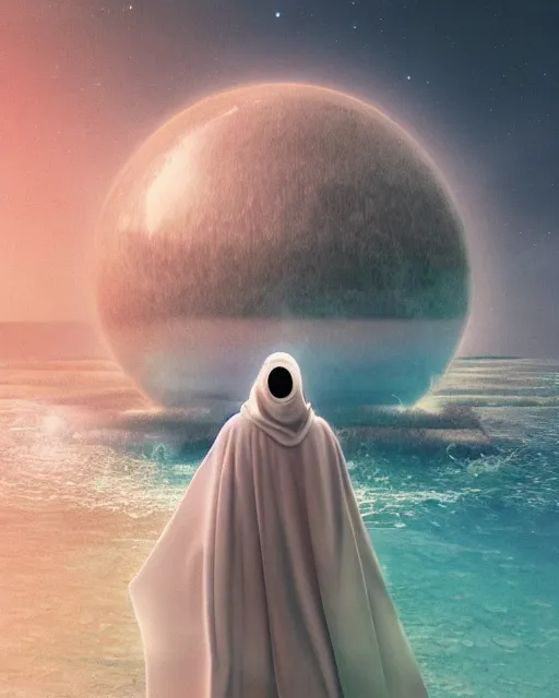 Image similar to a person wearing a white cloak standing in the water. a large planet is overhead. an album cover by stanley twardowicz, trending on cg society, retrofuturism, retrowave, chillwave, synthwave