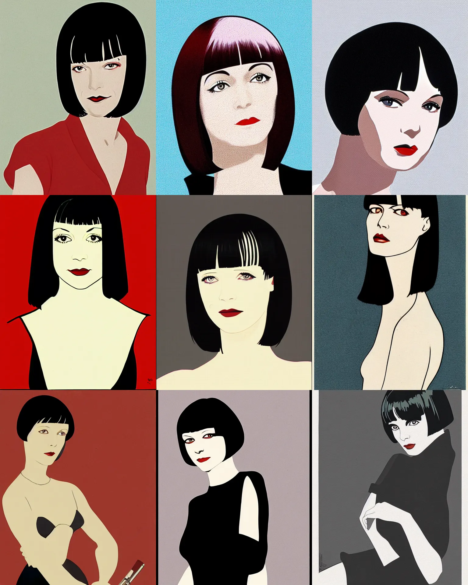 Prompt: mary louise brooks 2 5 years old as mia wallace, in pulp fiction 1 9 9 4, bob haircut, by patrick nagel